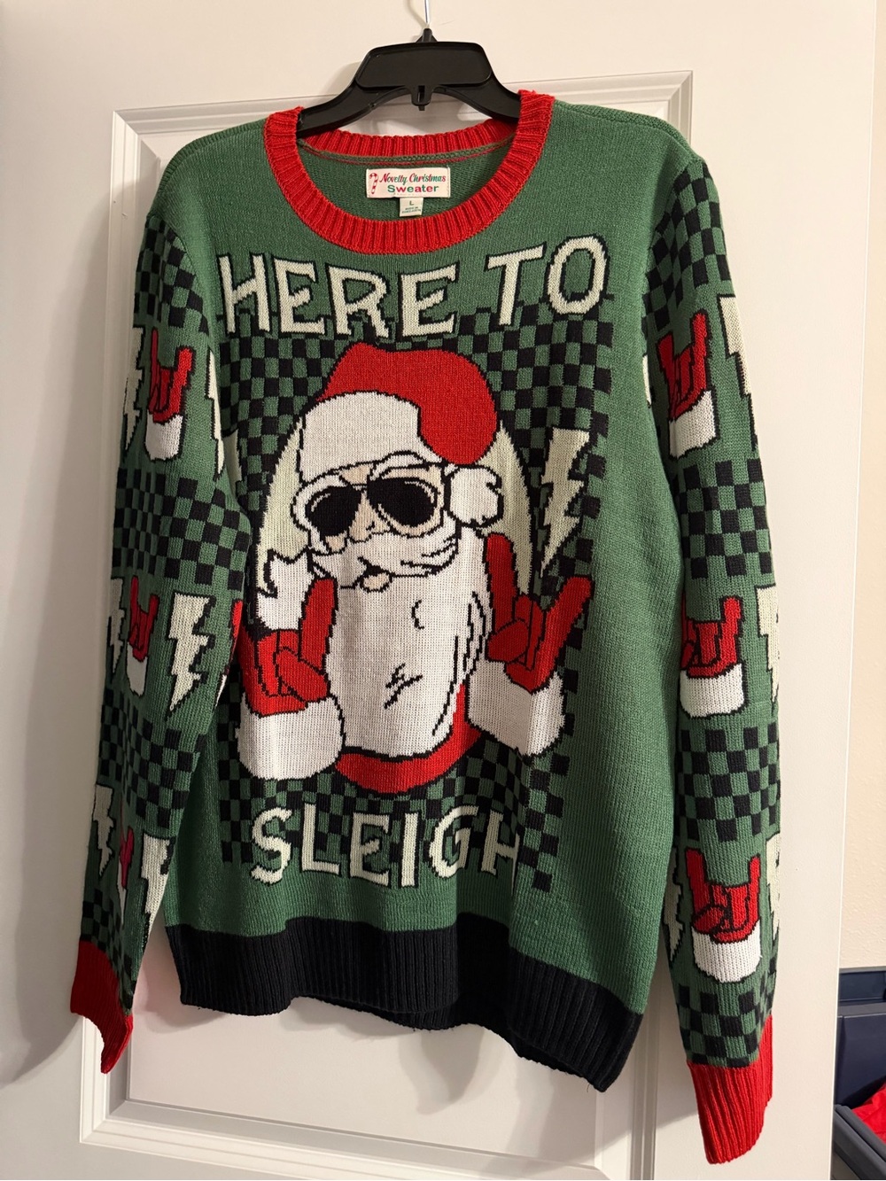 Holiday Graphic 'Here to Sleigh' Green Christmas Sweater